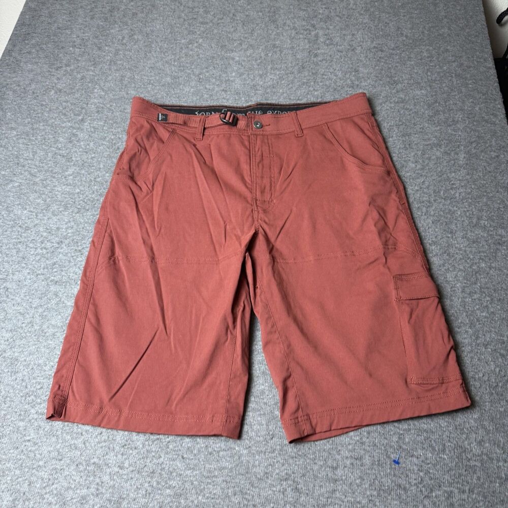 Prana Mens Zion Shorts Sz L  Brick Red Rust Stretch Belted Cargo Hiking Outdoor